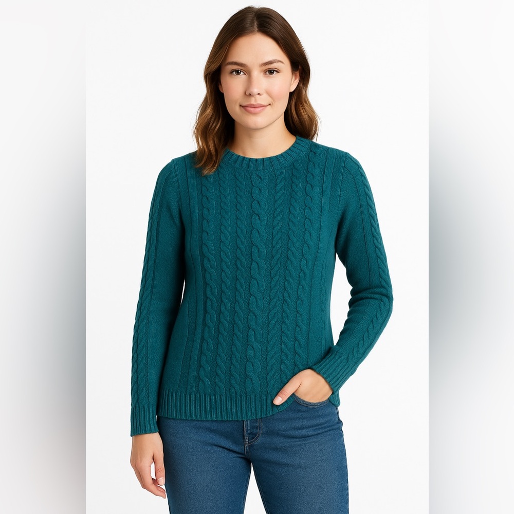 L.L.Bean Teal Cable Knit Cotton Sweater Women’s Preppy Classic Apres Ski *Flawed